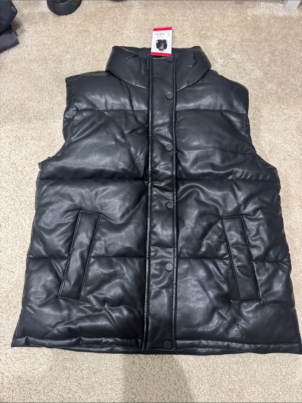 Women’s Black Quilted Faux Leather Puffer Vest